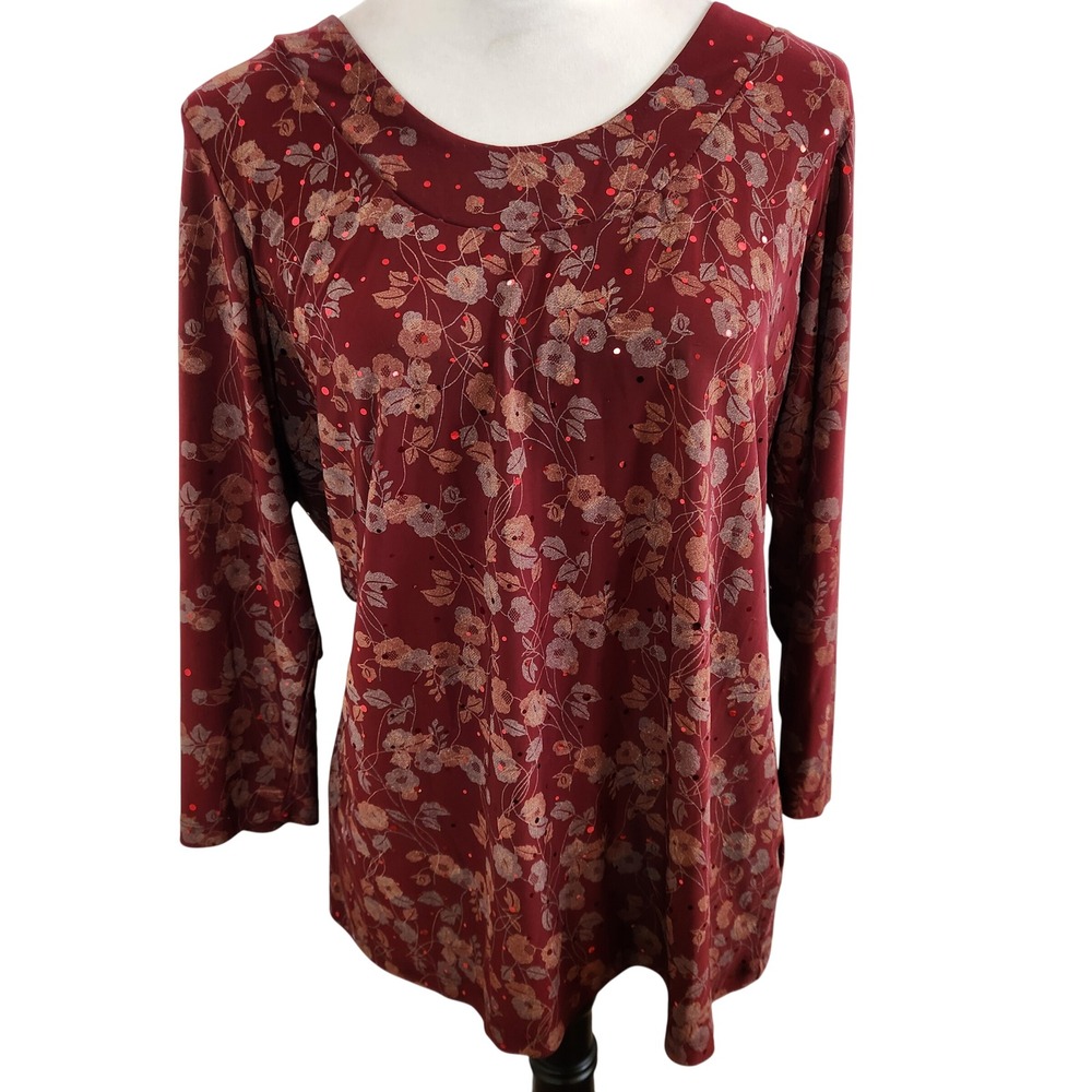 Susan Graver Burgundy Floral 3/4 Sleeve Sequin Top Size Medium Fall Autumn Shirt - Picture 8 of 8